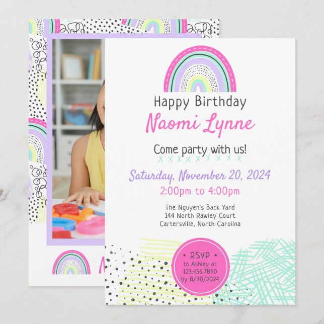 Invitation Photo de l'anniversaire de la fille Rainbow dans l (Devant / Derrière)