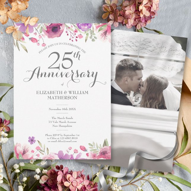 Invitation Photo de l'anniversaire de mariage de 25 ans avec  (25th Wedding Anniversary Photo Watercolor Roses Invitation)