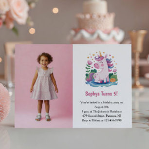 Invitation Photo de licorne rose mignonne pour fête d'anniver