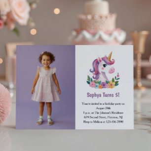 Invitation Photo de licorne violette mignonne pour fête d'ann