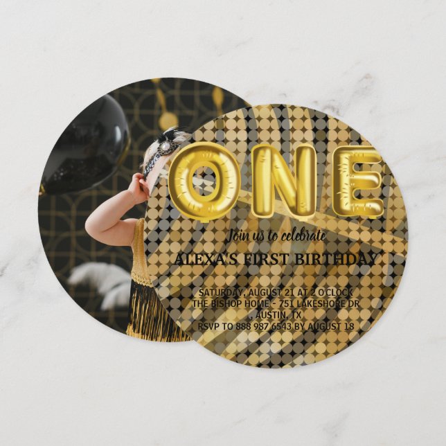 Invitation Photo de luxe Discothèque Noir et Or Anniversaire (Devant / Derrière)