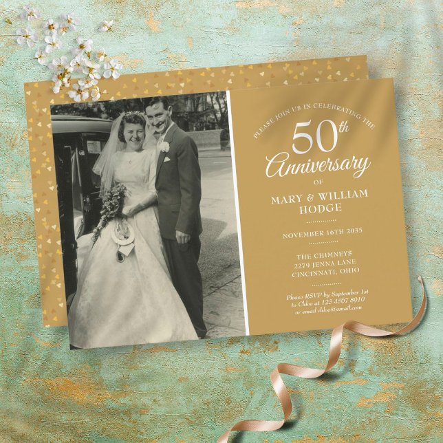 Invitation Photo de mariage 50e anniversaire Cœur doré Confet (Créateur téléchargé)