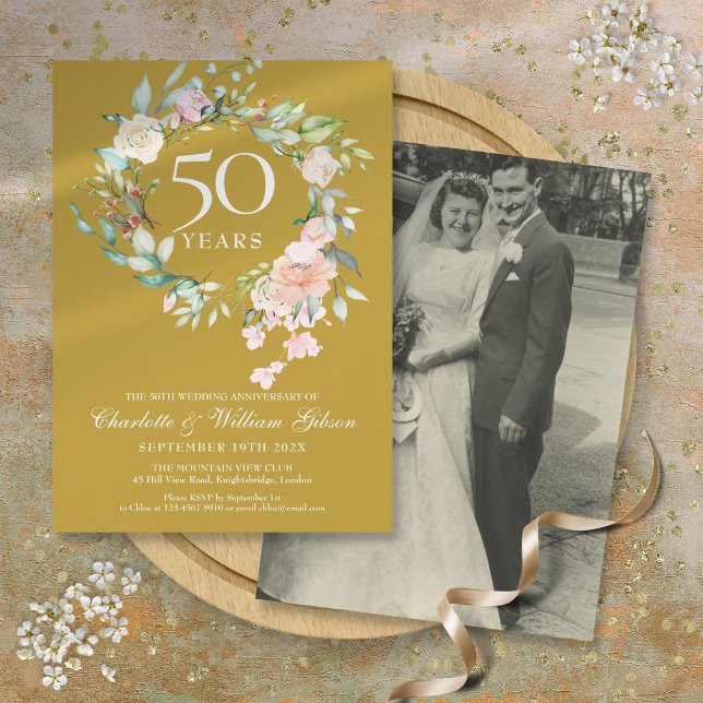 Invitation Photo de mariage 50e anniversaire de mariage flora (Wedding Photo 50th Golden Anniversary Floral Invitation)