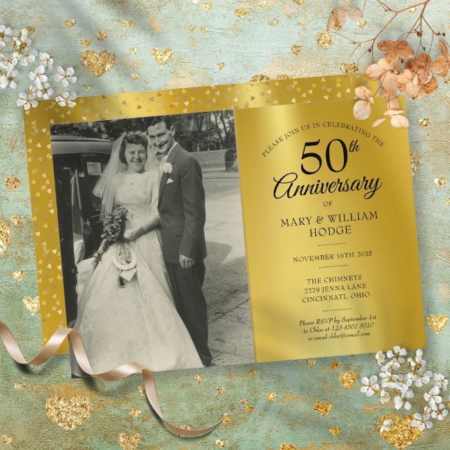 Invitation Photo de mariage 50e anniversaire feuille d'or (50th Anniversary Gold Foil Wedding Photo Invitation)