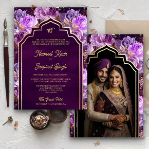 Invitation Photo de mariage Anand Karaj Sikh Floral Violet