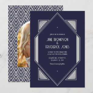 Invitation Photo de mariage Art Déco Bleu encre et Argent Pla