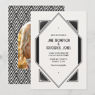 Invitation Photo de mariage Art Déco en lin ivoire et noir je
