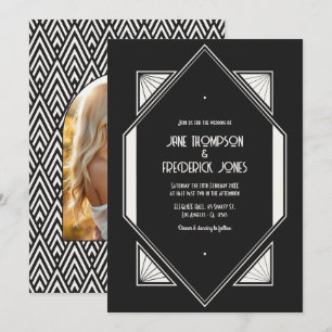 Invitation Photo de mariage Art Déco noir de jais et ivoire