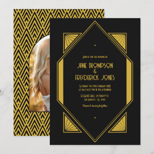 Invitation Photo de mariage Art Déco Noir & Or Champagne