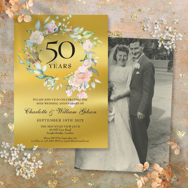 Invitation Photo de mariage avec feuille dorée florale 50e an (Wedding Photo Floral Gold Foil 50th Anniversary Invitation)