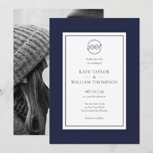 Invitation Photo de mariage bleu marine et blanc à nœud nauti
