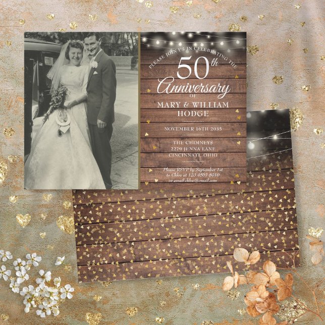 Invitation Photo de mariage Cœurs dorés rustiques 50e Anniver (50th Anniversary Rustic Gold Hearts Wedding Photo Invitation)