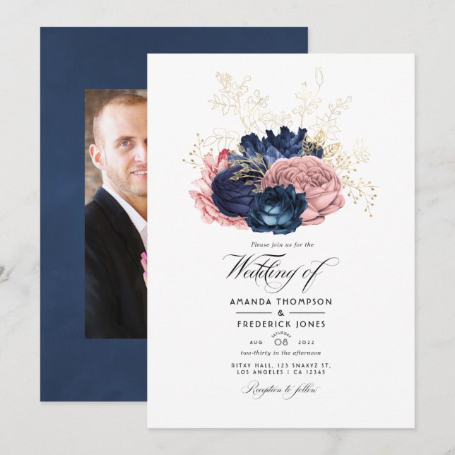 Invitation Photo de Mariage de la Marine bleu et rose Rose Vi (Devant / Derrière)