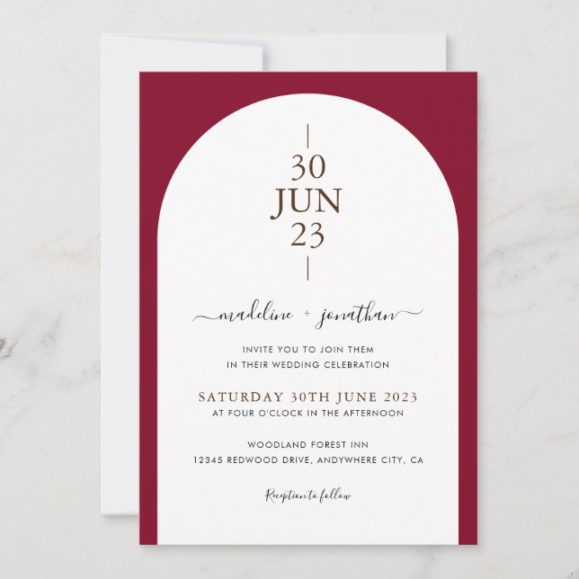Invitation Photo de mariage de porte rouge Bourgogne moderne  (Devant)