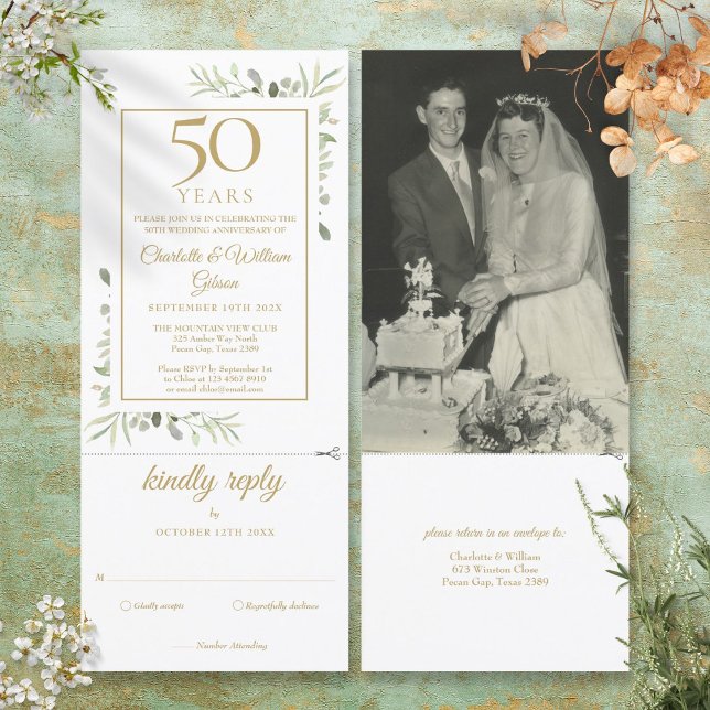 Invitation Photo de mariage du 50e anniversaire de mariage av (50th Golden Anniversary Wedding Photo Foliage RSVP Invitation)