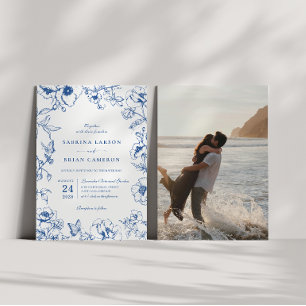 Invitation Photo de mariage élégant de jardin floral bleu roy