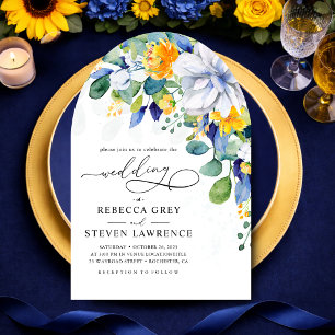 Invitation Photo de mariage élégant floral jaune bleu arqué