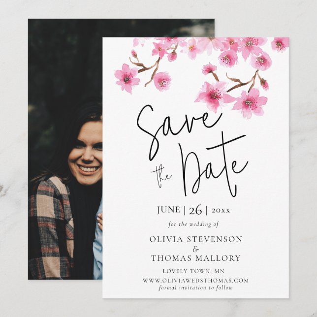 Invitation Photo de mariage Fleurs de cerisier de printemps E (Devant / Derrière)