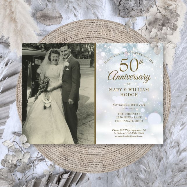 Invitation Photo de mariage Flocons de neige d'hiver 50e anni (50th Anniversary Winter Snowflakes Wedding Photo Invitation)