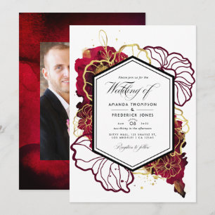 Invitation Photo de mariage floral abstrait bordeaux et or
