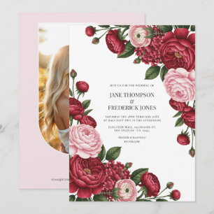 Invitation Photo de mariage floral aquarelle Cranberry & Blus
