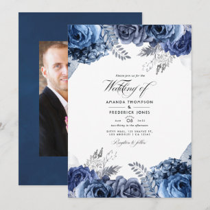 Invitation Photo de mariage floral avec feuille d'argent et m
