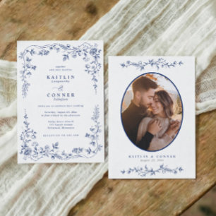 Invitation Photo de mariage floral bleu marine vintage frança