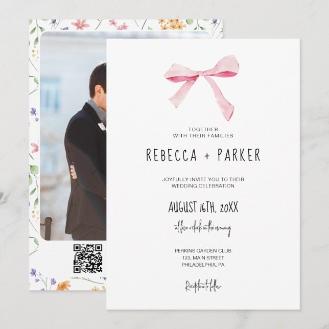 Invitation Photo de mariage floral Bow rose vif et code Qr (Devant / Derrière)