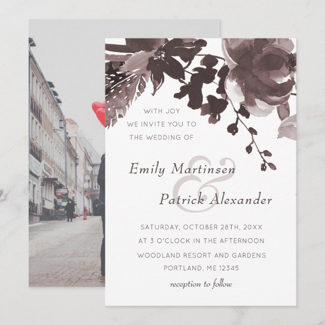 Invitation Photo de Mariage floral de prune moderne (Devant / Derrière)