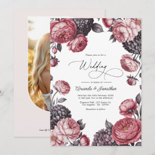 Invitation Photo de mariage floral rose poussiéreux et gris c