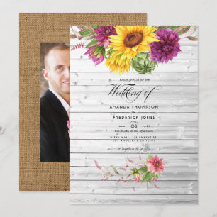 Invitation Photo de mariage floral rustique avec soleil et pr