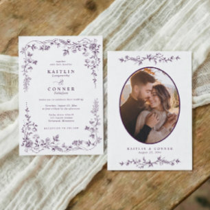 Invitation Photo de mariage floral vintage foncé violet franç