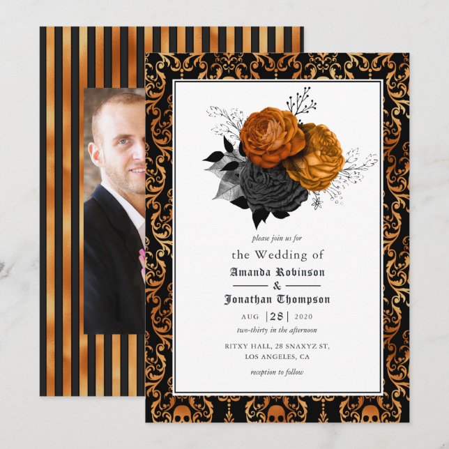 Invitation Photo de Mariage gothique floral noir et orange (Devant / Derrière)