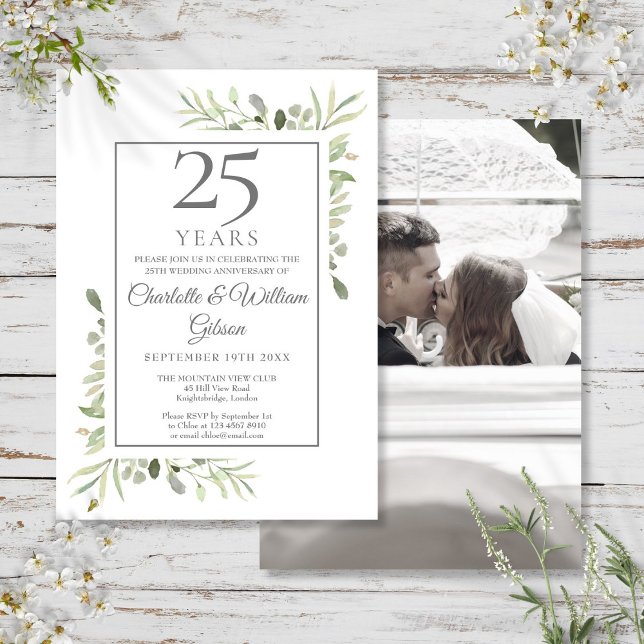 Invitation Photo de mariage pour les 25 ans d'anniversaire de (25th Silver Anniversary Wedding Photo Greenery Invitation)