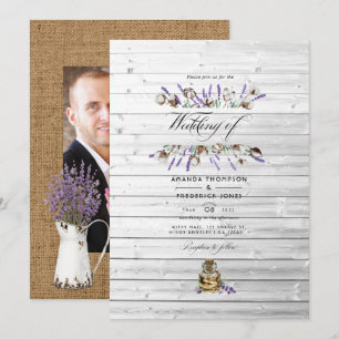 Invitation Photo de mariage rustique en coton lavande à la gr