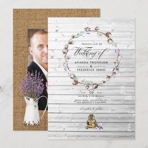 Invitation Photo de mariage rustique en coton lavande dans un