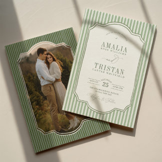 Invitation Photo de mariage vintage vert sauge rayé