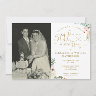 Invitation Photo de monogramme floral au cœur doré pour le 50