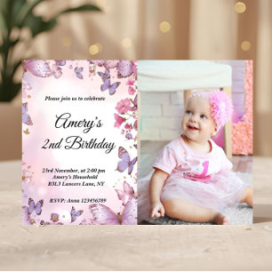 Invitation Photo de naissance élégant papillon rose violet