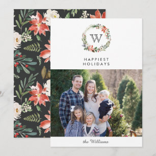 Invitation Photo de Noël Monogramme de couronne   blanc