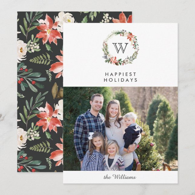 Invitation Photo de Noël Monogramme de couronne | blanc (Devant / Derrière)