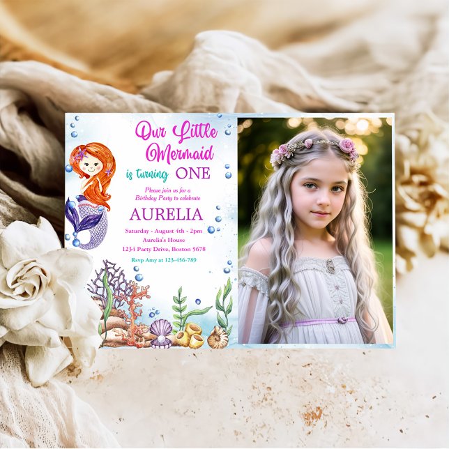 Invitation Photo de notre petite fille de sirène 1er annivers (Créateur téléchargé)