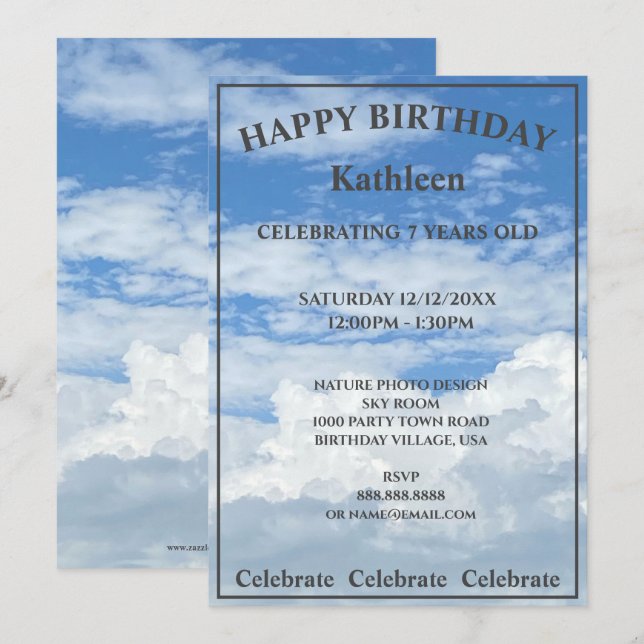 INVITATION PHOTO DE NUAGES BLUE SKY HEUREUX ANNIVERSAIRE INVI (Devant / Derrière)
