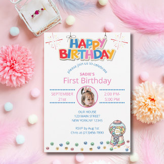 Invitation Photo de premier anniversaire mignon Gumball color