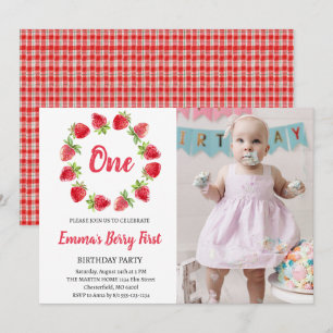 Invitation Photo de premier anniversaire Strawberry Berry