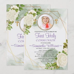 Invitation Photo de première communion de la floraison blanch