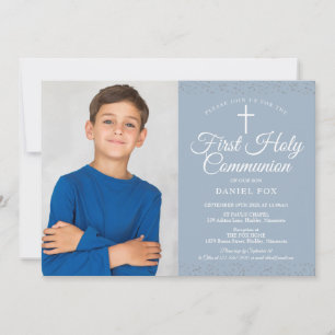Invitation Photo de première communion en bleu poussiéreux av