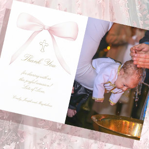 Invitation photo de remerciement baptême nœud rose