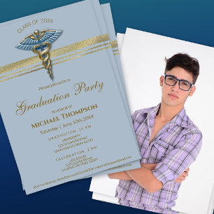 Invitation Photo de remise de diplôme avec caducée bleu médic