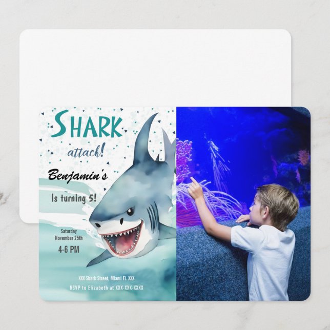 Invitation Photo de requin de la fête du 5e anniversaire (Devant / Derrière)